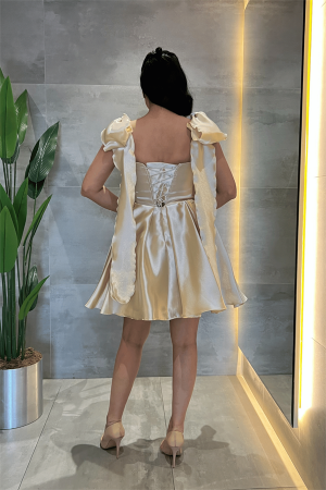 Organze Saten Kumaş Prenses Mini Elbise - BEJ - 5