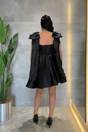 Organze Saten Kumaş Prenses Mini Elbise - SİYAH - 5