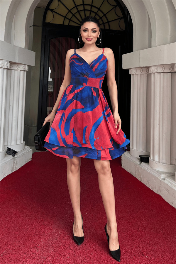 Organze Sifon Kumaş Desenli Mini Elbise - SAKS MAVİ - 1
