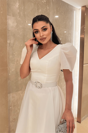 Organze Şifon Kumaş Kısa Kol Midi Boy Elbise - BEYAZ - 4