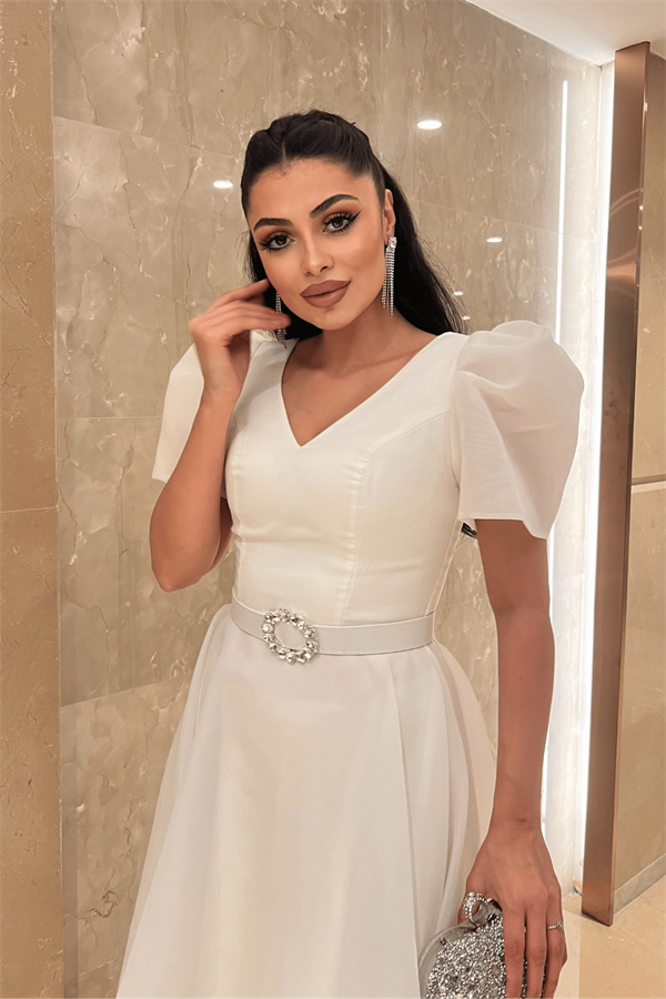 Organze Şifon Kumaş Kısa Kol Midi Boy Elbise - BEYAZ - 4