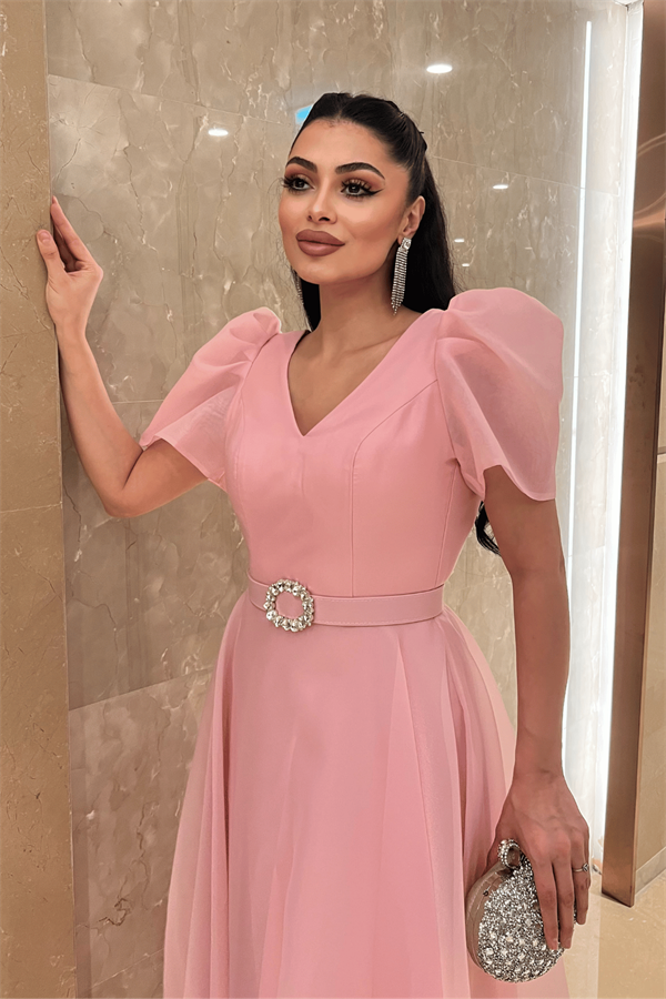 Organze Şifon Kumaş Kısa Kol Midi Boy Elbise - PEMBE - 3