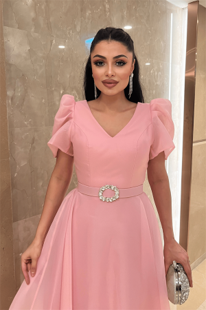Organze Şifon Kumaş Kısa Kol Midi Boy Elbise - PEMBE - 4