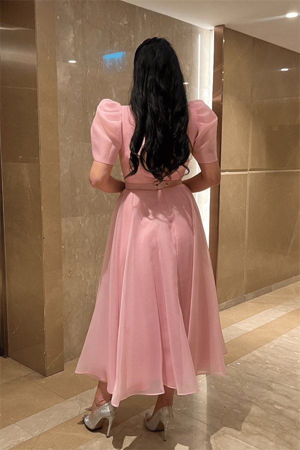 Organze Şifon Kumaş Kısa Kol Midi Boy Elbise - PEMBE - 5