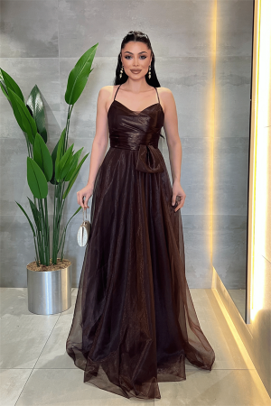 Organze Şifon Kumaş Sırtı İp Detaylı Abiye Elbise - KAHVERENGİ - Angelino Moda