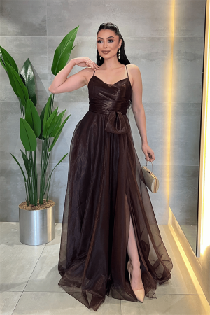 Organze Şifon Kumaş Sırtı İp Detaylı Abiye Elbise - KAHVERENGİ - Angelino Moda (1)