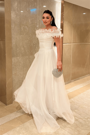 Organze Şifon Kumaş Volan Detaylı Abiye Elbise - BEYAZ - Angelino Moda (1)