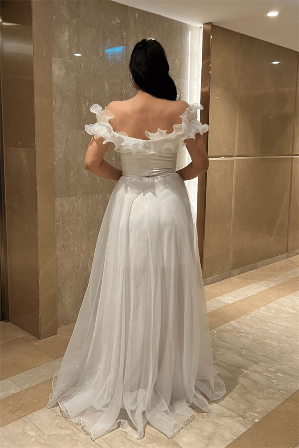 Organze Şifon Kumaş Volan Detaylı Abiye Elbise - BEYAZ - 5