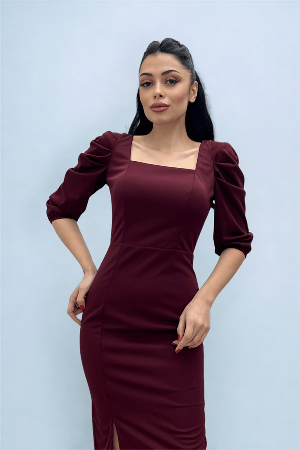 Örme Krep Kumaş Kare Yaka Yırtmaçlı Elbise - BORDO - 1