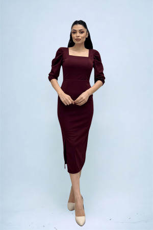 Knitted Crepe Fabric Square Collar Slit Dress - MAROON - Angelino Moda (1)