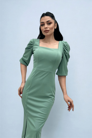 Knitted Crepe Fabric Square Neck Slit Dress - MINT GREEN - Angelino Moda