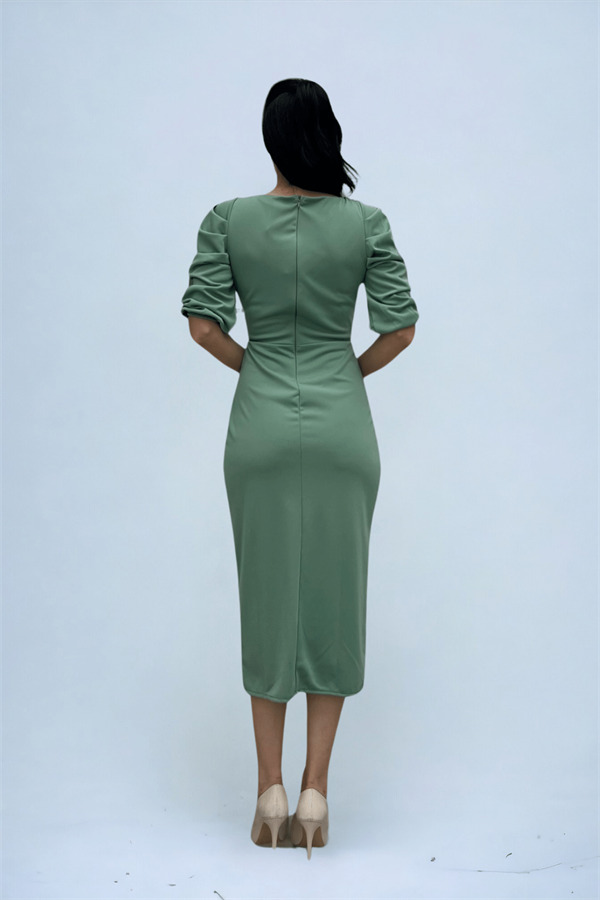 Örme Krep Kumaş Kare Yaka Yırtmaçlı Elbise - MİNT YEŞİLİ - 5