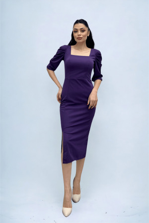 Knitted Crepe Fabric Square Collar Slit Dress - Eggplant Purple - Angelino Moda (1)
