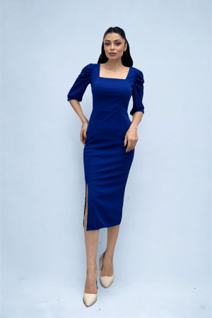Knitted Crepe Fabric Square Collar Slit Dress - SAKS BLUE - Angelino Moda (1)