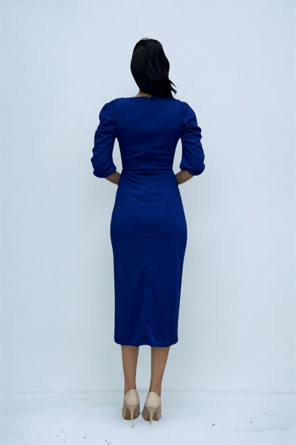 Örme Krep Kumaş Kare Yaka Yırtmaçlı Elbise - SAKS MAVİ - 5