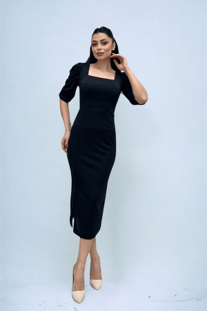 Örme Krep Kumaş Kare Yaka Yırtmaçlı Elbise - SİYAH - Angelino Moda (1)