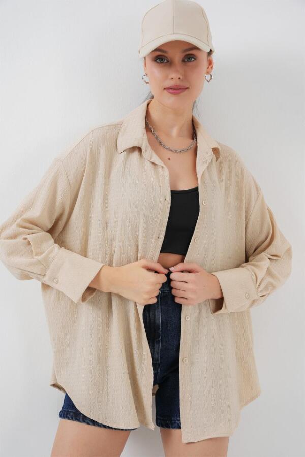 Örme Oversize Gömlek 20264 - Bej - 1