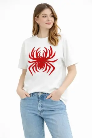 Örümcek Baskılı Tişört Kısa Kollu Bisiklet Yaka T-Shirt - Beyaz - 1