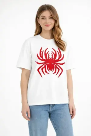 Örümcek Baskılı Tişört Kısa Kollu Bisiklet Yaka T-Shirt - Beyaz - 2