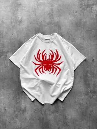 Örümcek Baskılı Tişört Kısa Kollu Bisiklet Yaka T-Shirt - Beyaz - 3
