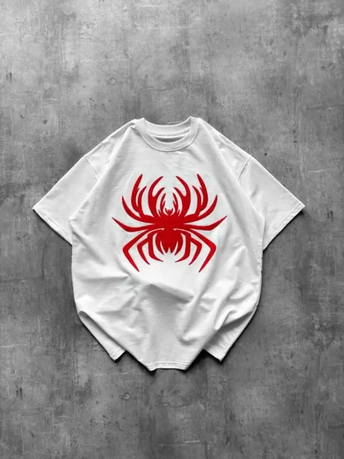 Örümcek Baskılı Tişört Kısa Kollu Bisiklet Yaka T-Shirt - Beyaz - 3