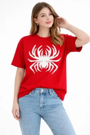 Örümcek Baskılı Tişört Kısa Kollu Bisiklet Yaka T-Shirt - Kırmızı - 1