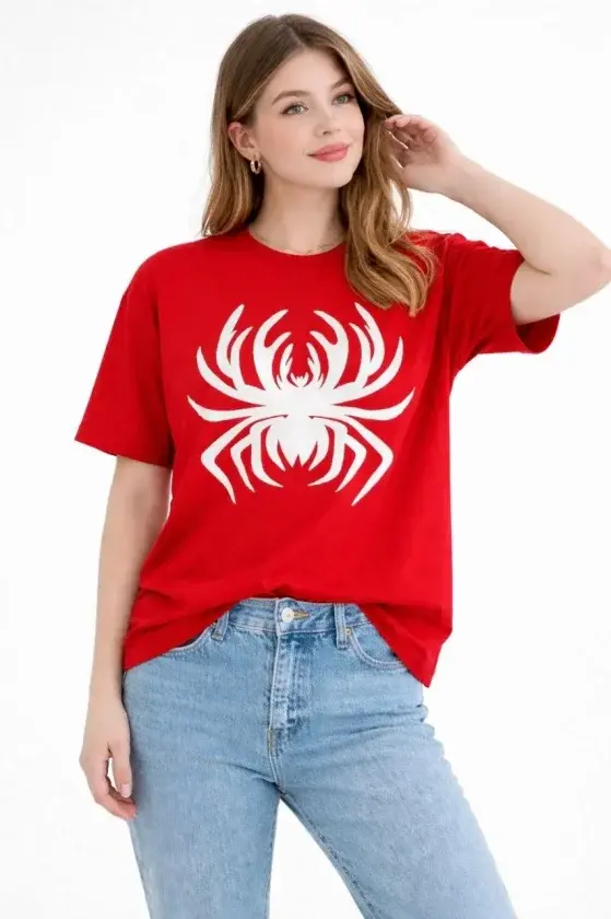 Örümcek Baskılı Tişört Kısa Kollu Bisiklet Yaka T-Shirt - Kırmızı - 1