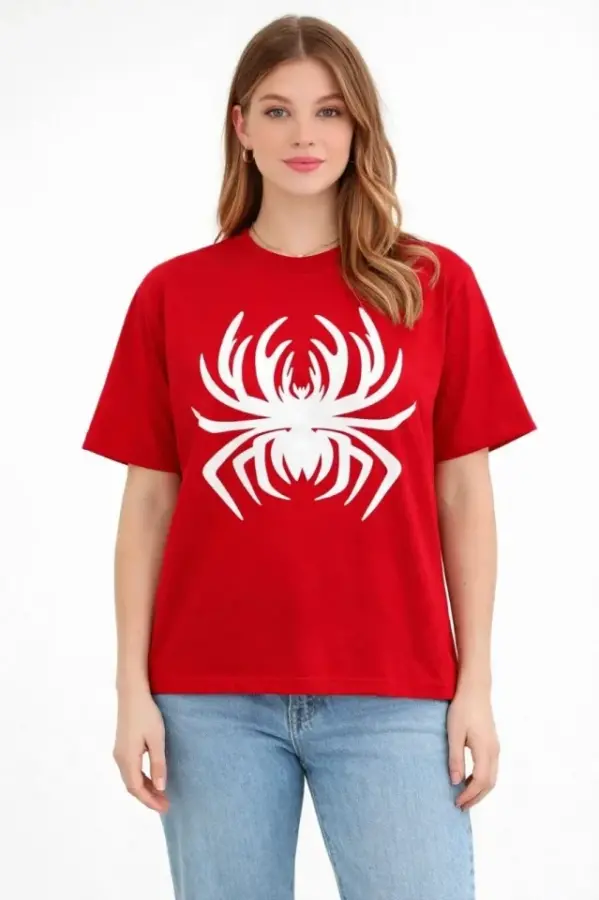 Örümcek Baskılı Tişört Kısa Kollu Bisiklet Yaka T-Shirt - Kırmızı - 2