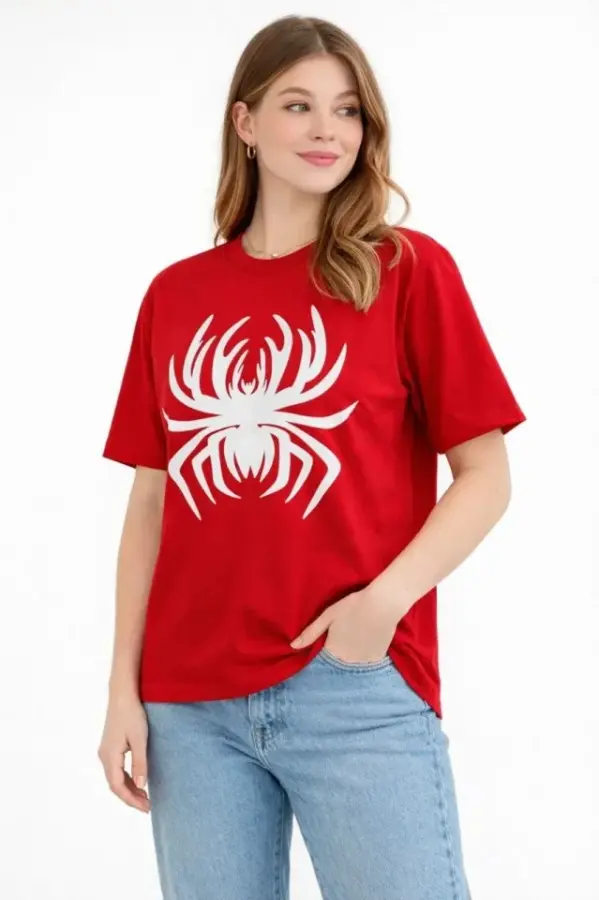 Örümcek Baskılı Tişört Kısa Kollu Bisiklet Yaka T-Shirt - Kırmızı - 3