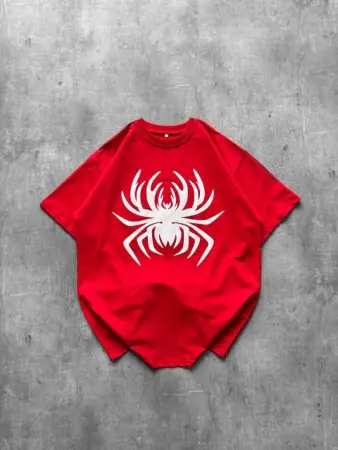 Örümcek Baskılı Tişört Kısa Kollu Bisiklet Yaka T-Shirt - Kırmızı - 4