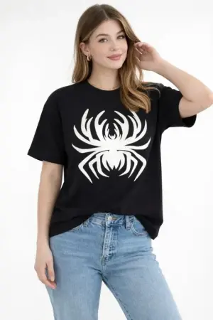 Örümcek Baskılı Tişört Kısa Kollu Bisiklet Yaka T-Shirt - Siyah - 1