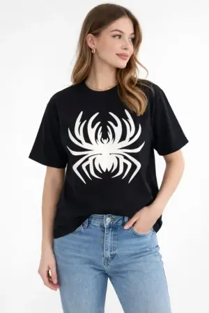 Örümcek Baskılı Tişört Kısa Kollu Bisiklet Yaka T-Shirt - Siyah - 2