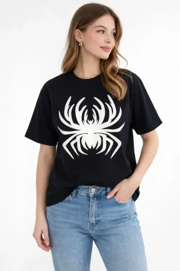 Örümcek Baskılı Tişört Kısa Kollu Bisiklet Yaka T-Shirt - Siyah - 2