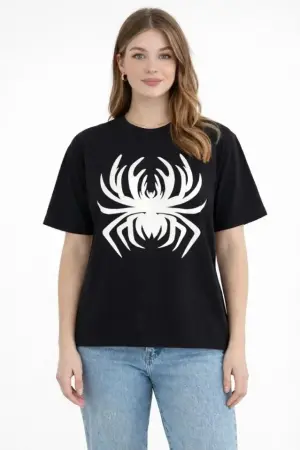 Örümcek Baskılı Tişört Kısa Kollu Bisiklet Yaka T-Shirt - Siyah - 3