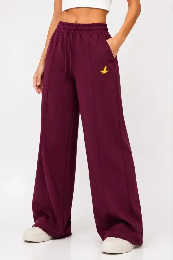 Osy Modal Yumuşak Dokulu Cima Dikişli Nakışlı Cepli Oversize Bol Paça Eşofman Altı - Bordo - 1