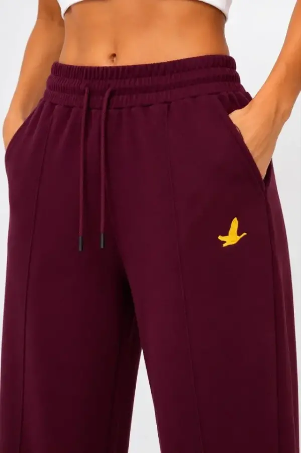 Osy Modal Yumuşak Dokulu Cima Dikişli Nakışlı Cepli Oversize Bol Paça Eşofman Altı - Bordo - 2