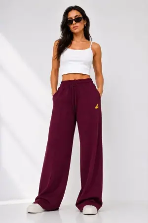Osy Modal Yumuşak Dokulu Cima Dikişli Nakışlı Cepli Oversize Bol Paça Eşofman Altı - Bordo - 4