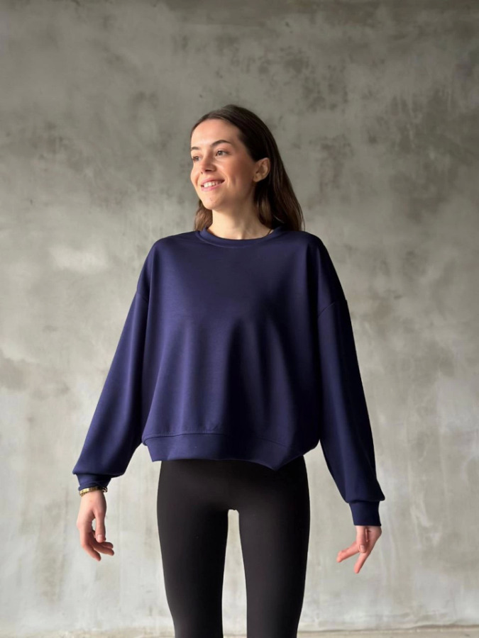 Osy Modal Yumuşak Dokulu Kumaş Bisiklet Yaka Oversize Sweatshirt - Lacivert - 1