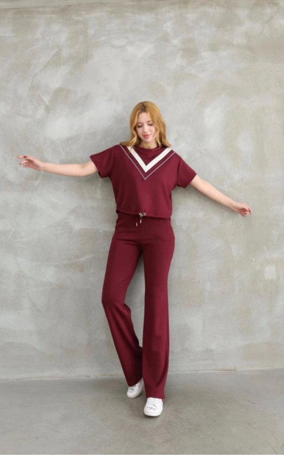 Osy Modal Yumuşak Dokulu Kumaş Bisiklet Yaka Parçalı Detaylı Kısa Kollu Takım - Bordo - 1