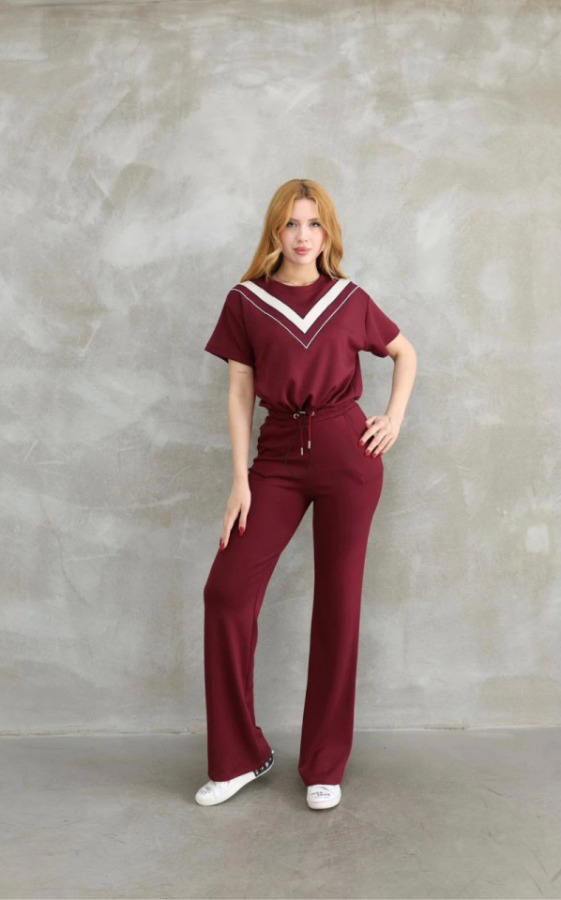 Osy Modal Yumuşak Dokulu Kumaş Bisiklet Yaka Parçalı Detaylı Kısa Kollu Takım - Bordo - 3