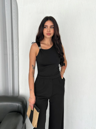 Osy Modal Yumuşak Dokulu Kumaş Bisiklet Yaka Sıfır Kol Bluz Omuz Toka Aksesuar Detaylı - Siyah - 3