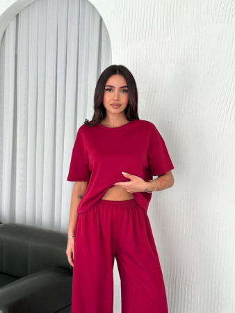 Osy Modal Yumuşak Dokulu Kumaş Bisiklet Yaka T-shirt Bol Paça Pantalon Ikili Takım -Bordo - 2