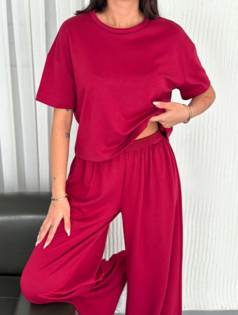 Osy Modal Yumuşak Dokulu Kumaş Bisiklet Yaka T-shirt Bol Paça Pantalon Ikili Takım -Bordo - ANGELINO BuyukBedeniz