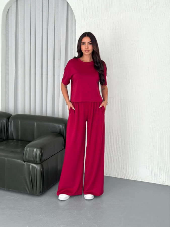 Osy Modal Yumuşak Dokulu Kumaş Bisiklet Yaka T-shirt Bol Paça Pantalon Ikili Takım -Bordo - 4