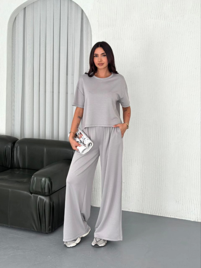Osy Modal Yumuşak Dokulu Kumaş Bisiklet Yaka T-shirt Bol Paça Pantalon Ikili Takım - Boyalı Gri - 4