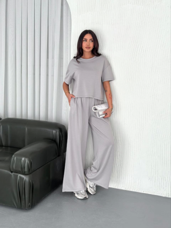 Osy Modal Yumuşak Dokulu Kumaş Bisiklet Yaka T-shirt Bol Paça Pantalon Ikili Takım - Boyalı Gri - ANGELINO BuyukBedeniz