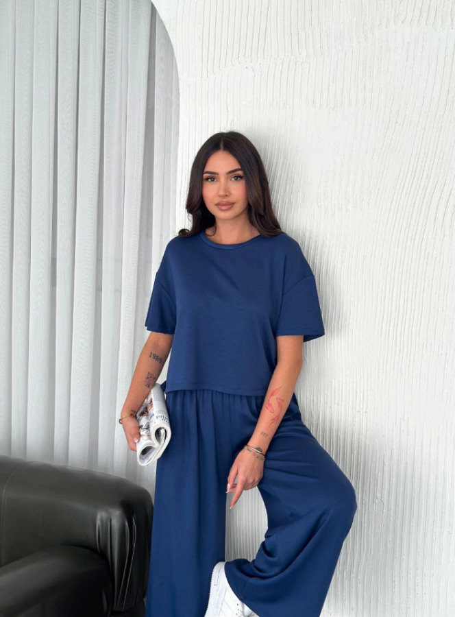 Osy Modal Yumuşak Dokulu Kumaş Bisiklet Yaka T-shirt Bol Paça Pantalon Ikili Takım -Saks Mavi - 2