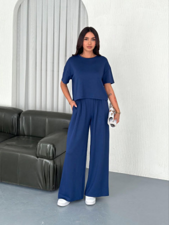 Osy Modal Yumuşak Dokulu Kumaş Bisiklet Yaka T-shirt Bol Paça Pantalon Ikili Takım -Saks Mavi - 4