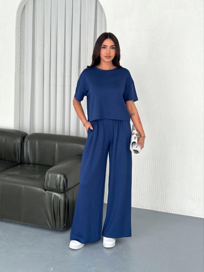 Osy Modal Yumuşak Dokulu Kumaş Bisiklet Yaka T-shirt Bol Paça Pantalon Ikili Takım -Saks Mavi - 4