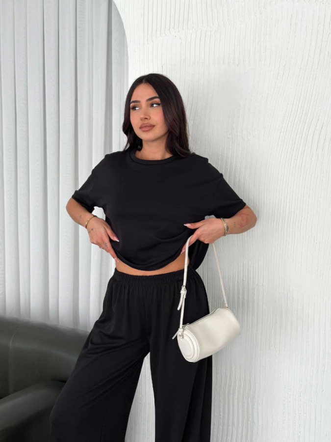 Osy Modal Yumuşak Dokulu Kumaş Bisiklet Yaka T-shirt Bol Paça Pantalon Ikili Takım -Siyah - 1